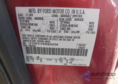 2002 Ford F-250 Xl/Xlt from USA, damaged, VIN 1FTNF21F82EB26938